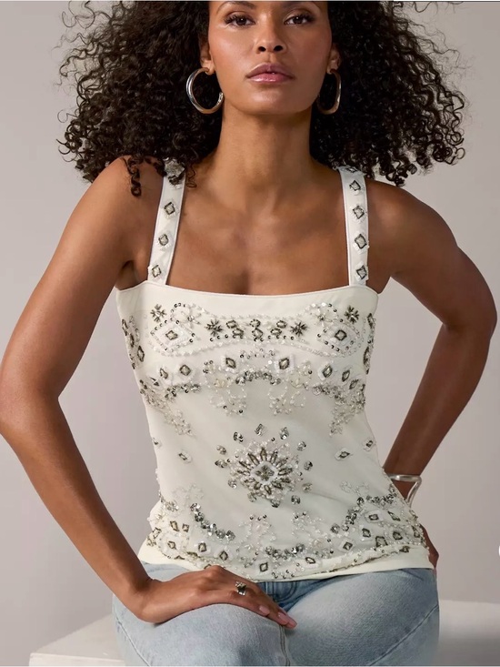 Boston Proper Tops - Boston Proper Ivory Beaded Embellished Square-Neck Camisole